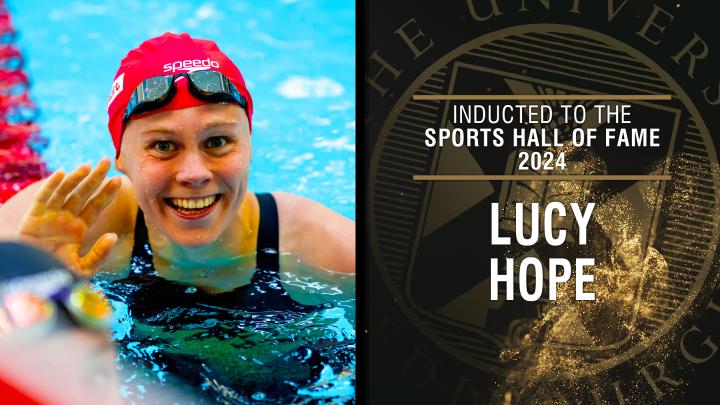 Image of Lucy smiling in the pool alongside image of Sports Hall of Fame