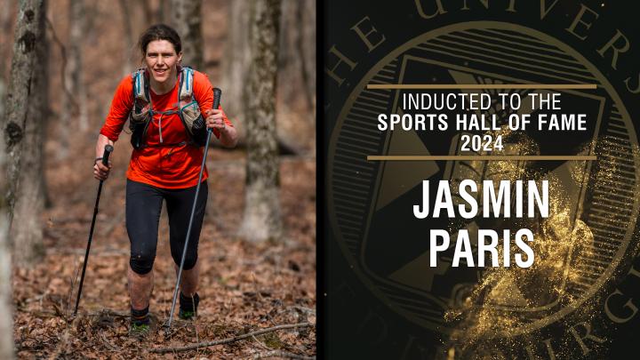Image of Jasmin running uphill alongside image of Sports Hall of Fame