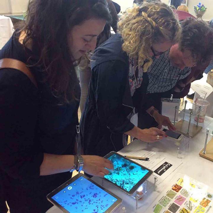 People looking at interactive exibits on ipads at an engagement workshop