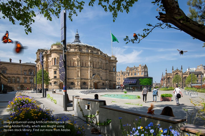 Bristo square enhanced with biodiversity/solar panels using AI, using Adobe Firefly. Original photo: Laurence Winram