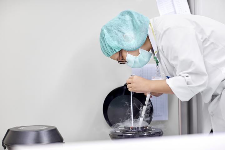 Side view of scientist handling oocytes and sperm for cryopreservation to be stored in liquid nitrogen.