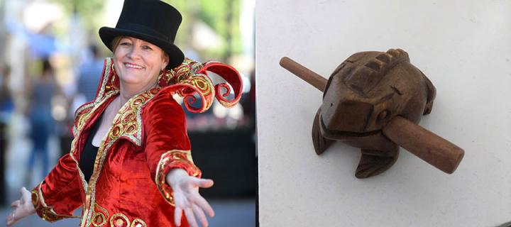 Dea's ringmaster jacket and Alex's wooden frog instrument