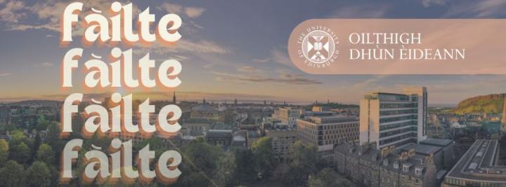 Fàilte banner over image of the city.