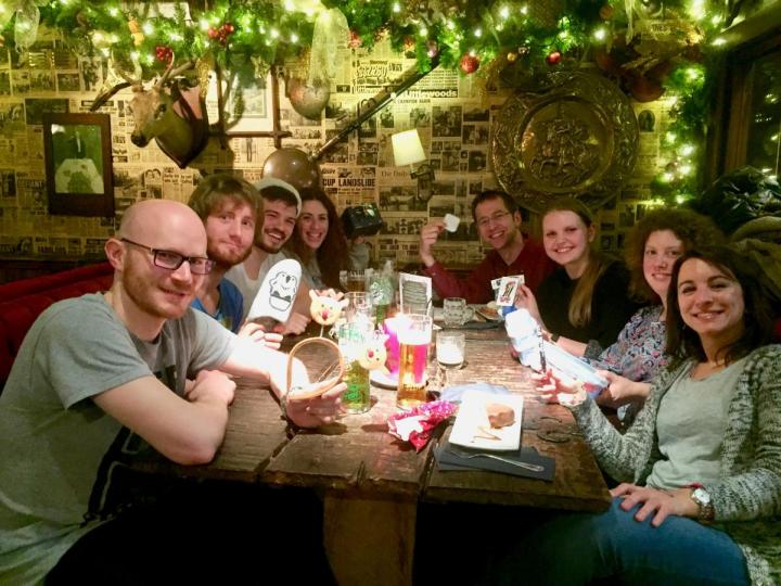 Lab group members at a Christmas gathering
