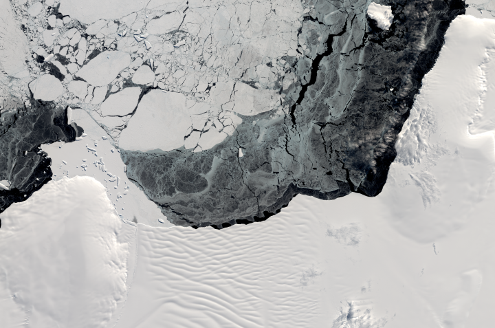 A satellite image showing the Getz ice shelf, which lost 1.9 trillion tonnes of ice between 1997 and 2021