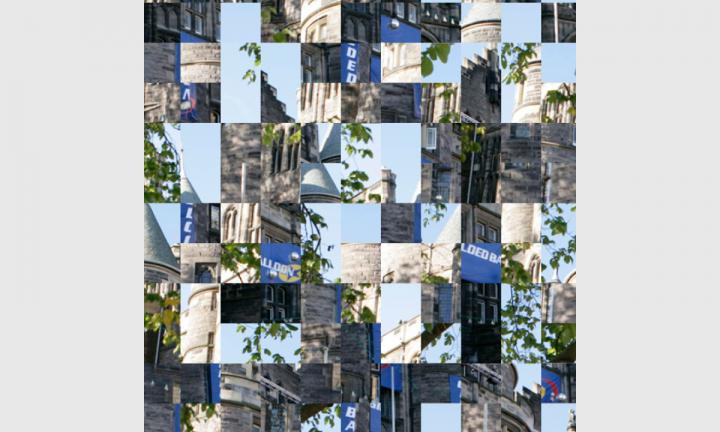 An image scrambled into 144 tiles. Grey, brown, light blue, green and purple tones.
