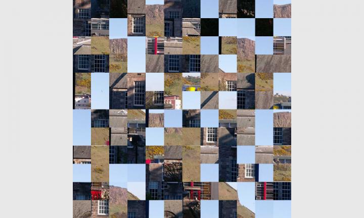 An image scrambled into 144 tiles. Light blue, grey, light brown and green tones with pops of red and yellow.