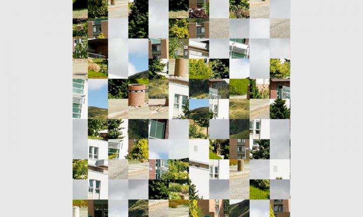 An image scrambled into 144 tiles. Grey, white, brown and green tones.