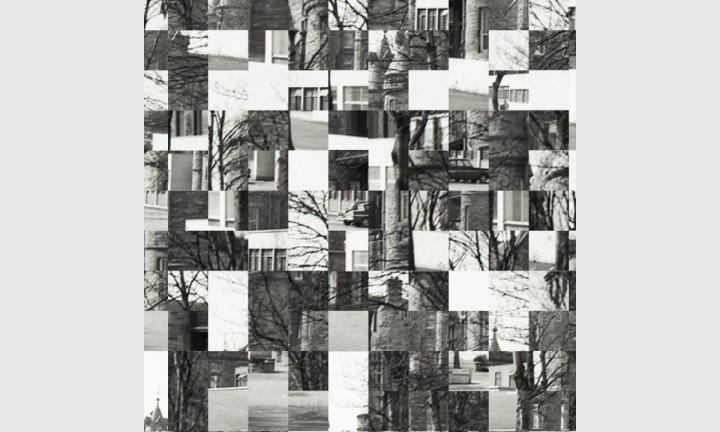 An image scrambled into 144 tiles. Greyscale.