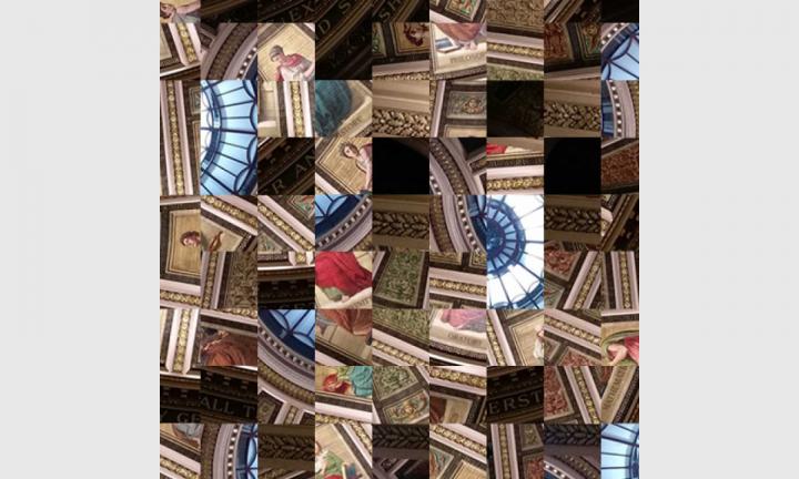 An image scrambled into 144 tiles. Mostly brown tones with pops of bright colour.