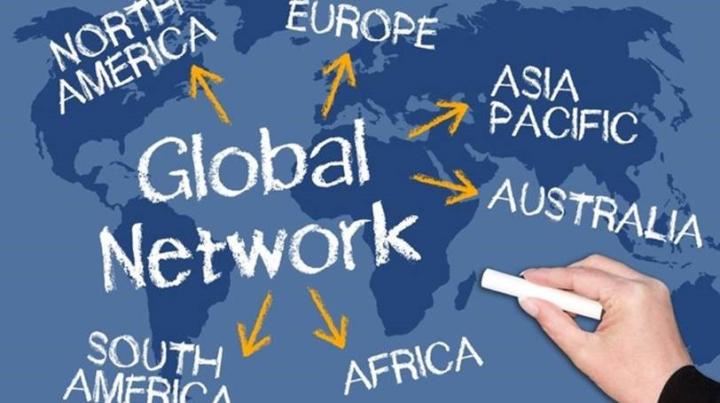 Map of world in blue with global network in the middle and arrows to countries