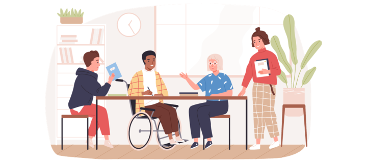 An illustration of four people around a table in a collaborative setting, with room details including a bookshelf and clock