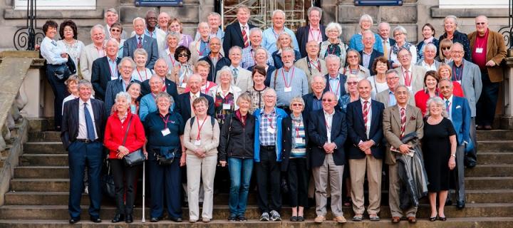 Class of 1966 group photo outside the Playfair Library