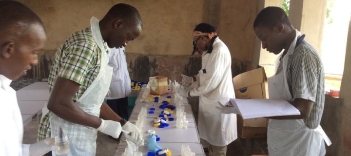 Photo of four healthcare workers handling samples