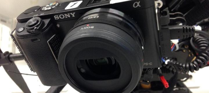 A Sony A6000 camera mounted on a drone