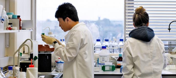 2 students completing experiments in a research lab