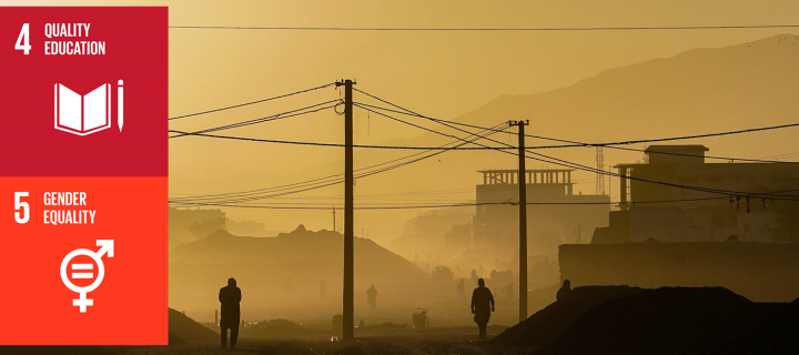 Kabul scene with SDG 4 and SDG 5 graphics