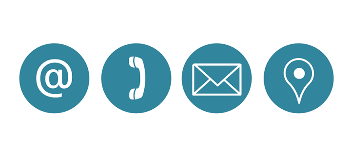 Icons for at symbol, telephone, email and map location