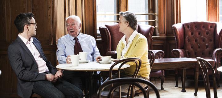 Photo of Dr Chris Harding, Jo Hockley and Norman Stewart in the New Amphion cafe