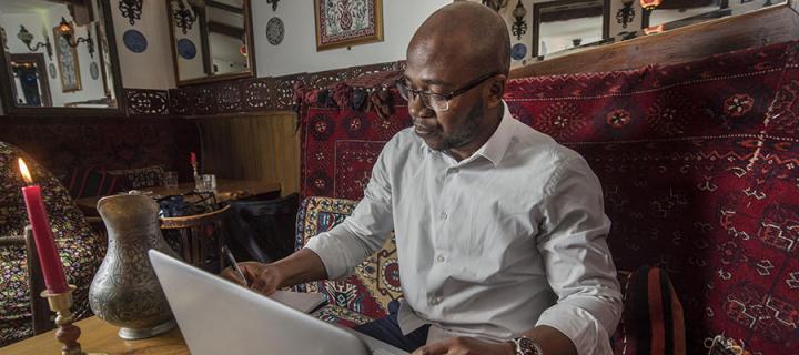Man studying in a cafe