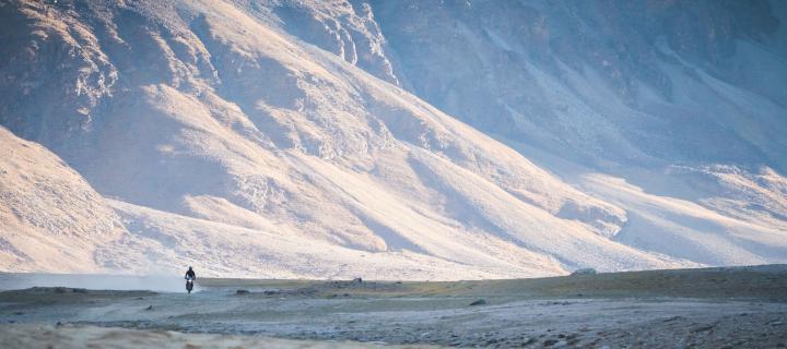 Matthew Lee on his motorbike against ice backdrop
