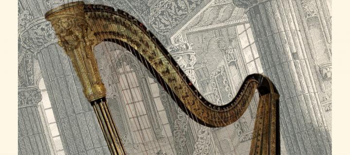 Composite image of harp overlay on Rosslyn Chapel illustration
