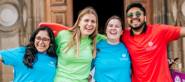 Group of student ambassadors smiling and hugging