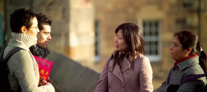 International students chatting at Edinburgh Castle