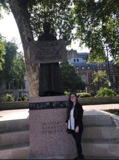 Coady poses with the Millicent Fawcett recently unveiled in London, summer of 2018