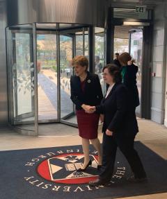Provost, Prof Kim Graham (right) welcoming FM Nicola Sturgeon (left) to the Roslin Innovation Centre