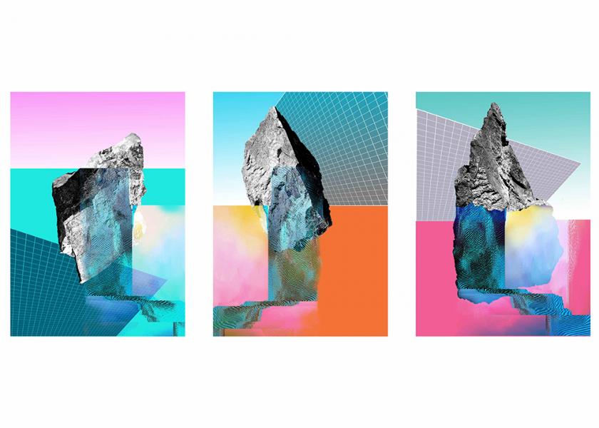 Three pieces of art of a large rock that is covered in different coloured over lays that are orange, green and pink