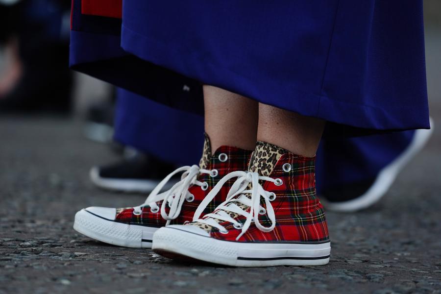 A close up shot of tartan shoes