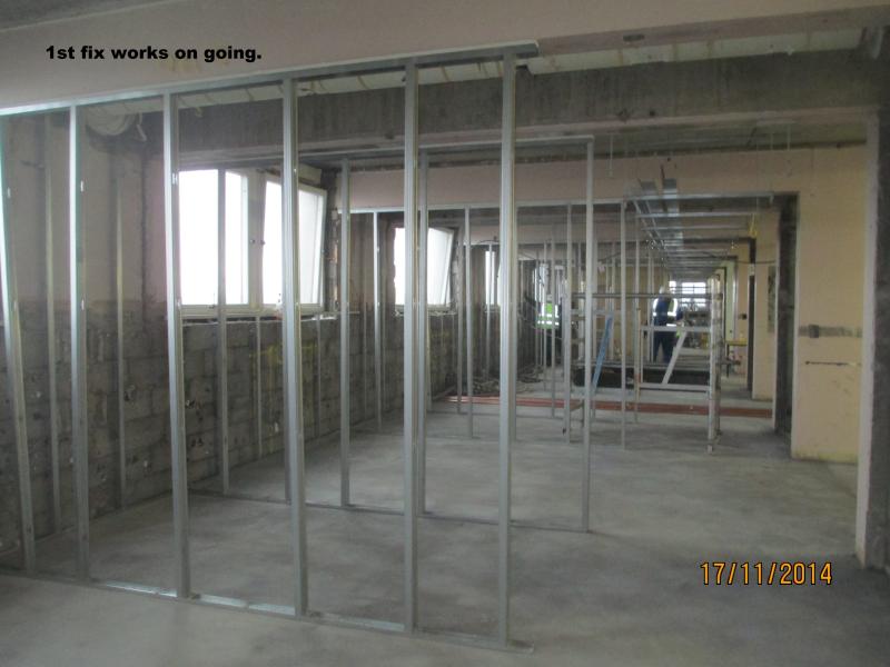 Interior Ashworth 2 level 2, walls stripped and partition structure beginning