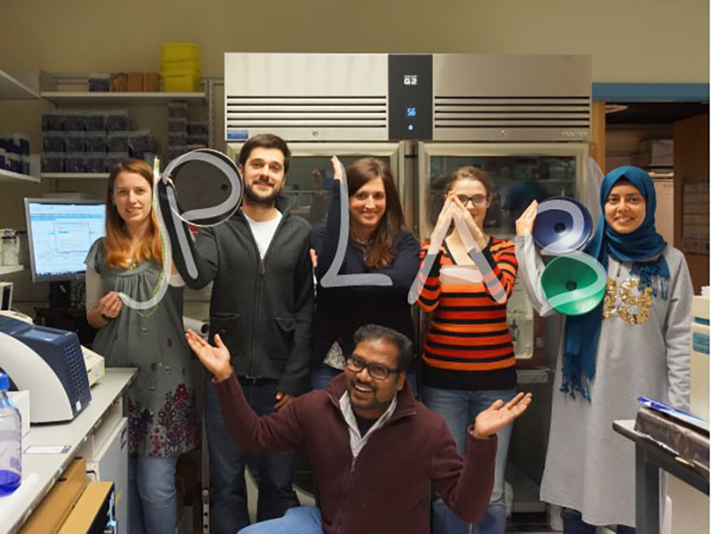 Lab group members spell out 'JP LAB' with their arms and lab equipment