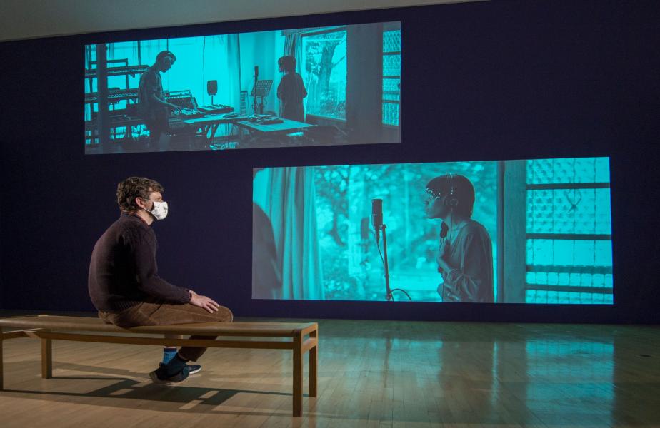 Gabrielle Goliath. This song is for ... Projection with dual stereo audio. Pictured – James Clegg, Curator at Talbot Rice Galle