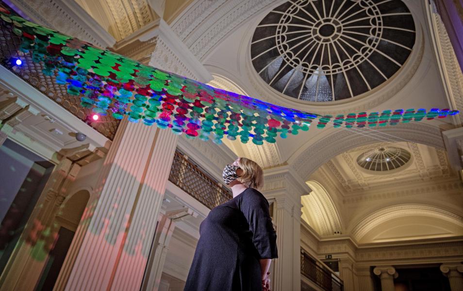 Sarah Rose. Open Source (crocodile). Reclaimed plastics. Pictured – Melissa MacRobert, Exhibitions Manager at Talbot Rice Galler